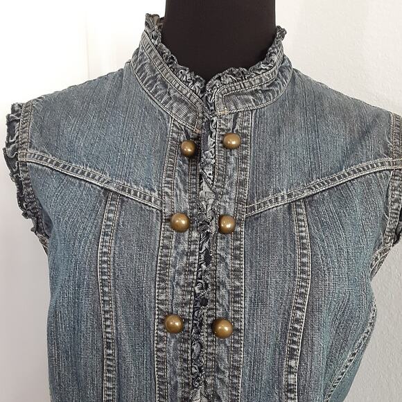 Vintage 90s Gilet Denim Vest Brass Button Military Ruffle Jean Jacket XL Cottage - Picture 4 of 10